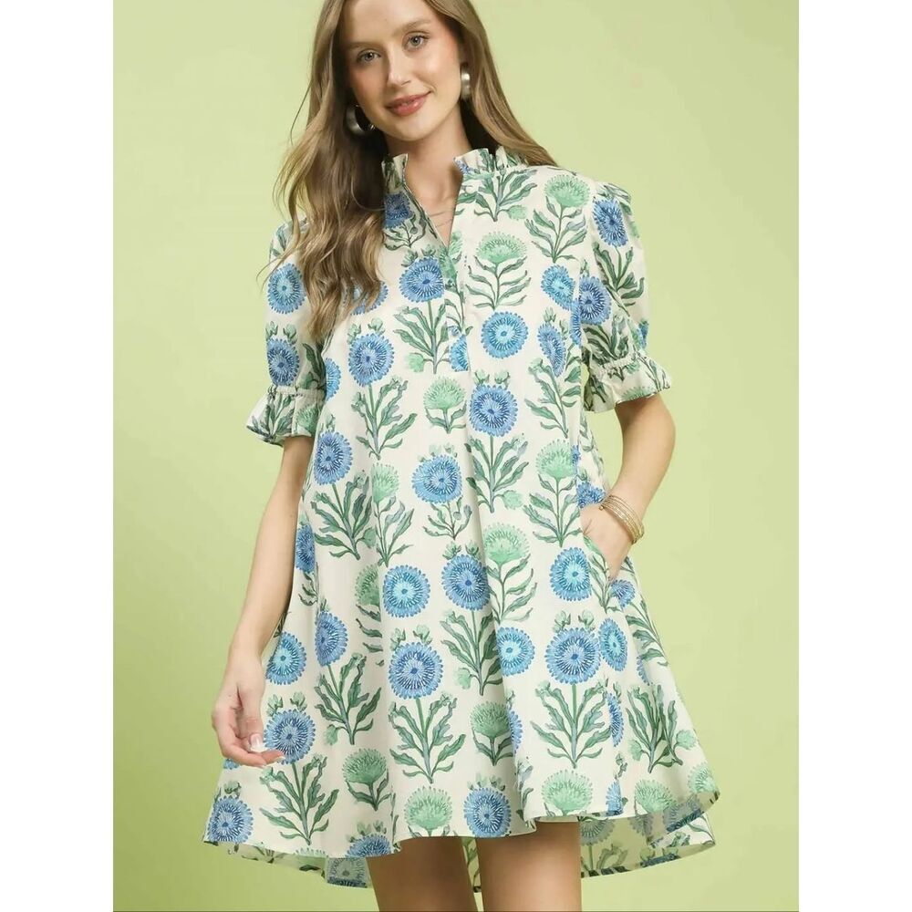 Umgee Cream Floral Swing Dress with Blue and Green Print size Small